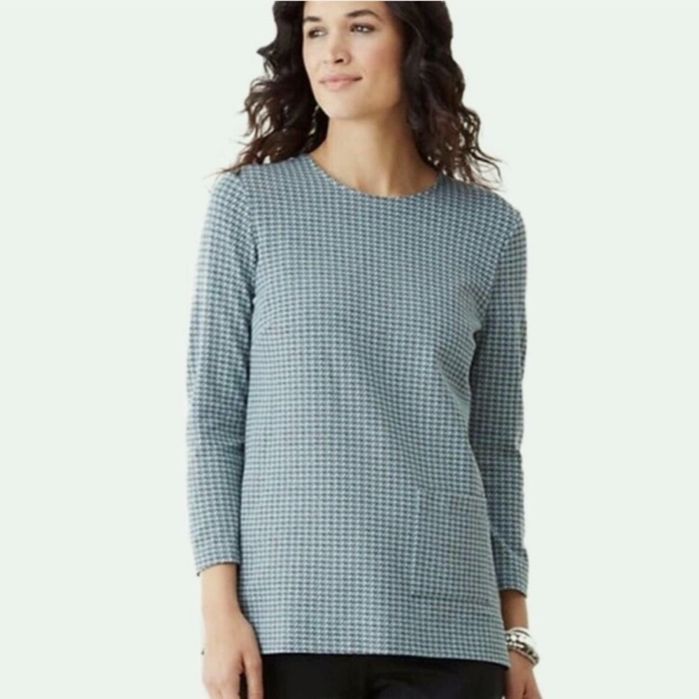 J Jill Blue Houndstooth Ponte Knit Tunic Top Petite XS 3/4 Sleeve Layering